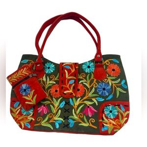 Crewel Embroidery Flower Vegan Suede Purse Should Tote Bag Olive Rust Kashmir